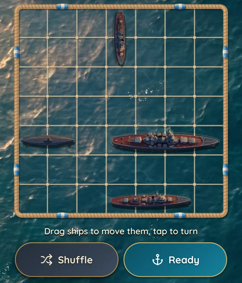 Tela de posicionamento do Sea Battle: quatro navios numa grade de 7 por 7, sem encostar, com os botões Shuffle e Ready embaixo