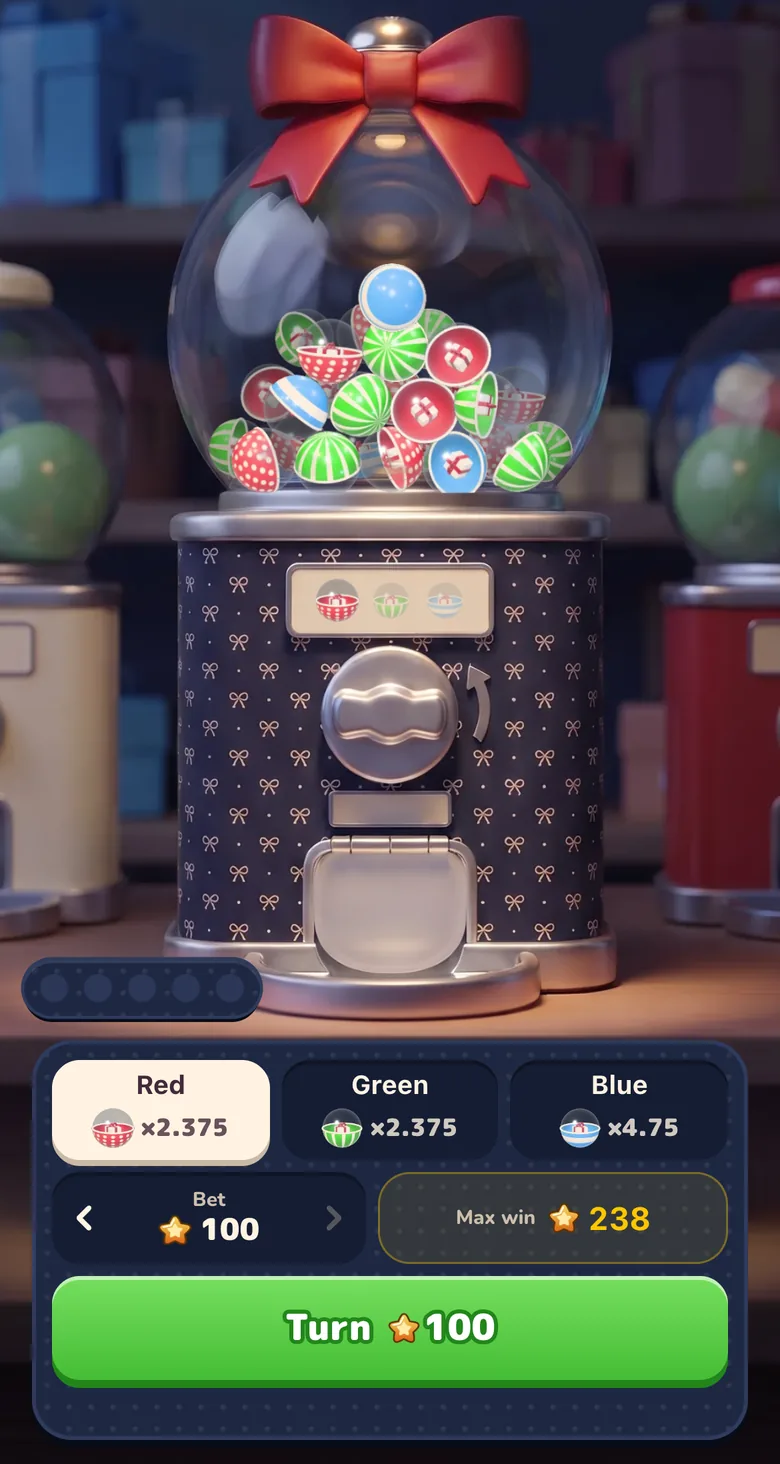 Gift Club Color Prediction: the capsule machine under its glass dome with a ribbon on top, the red, green and blue capsule picks with their multipliers, a Stars bet, the max win and the Turn button