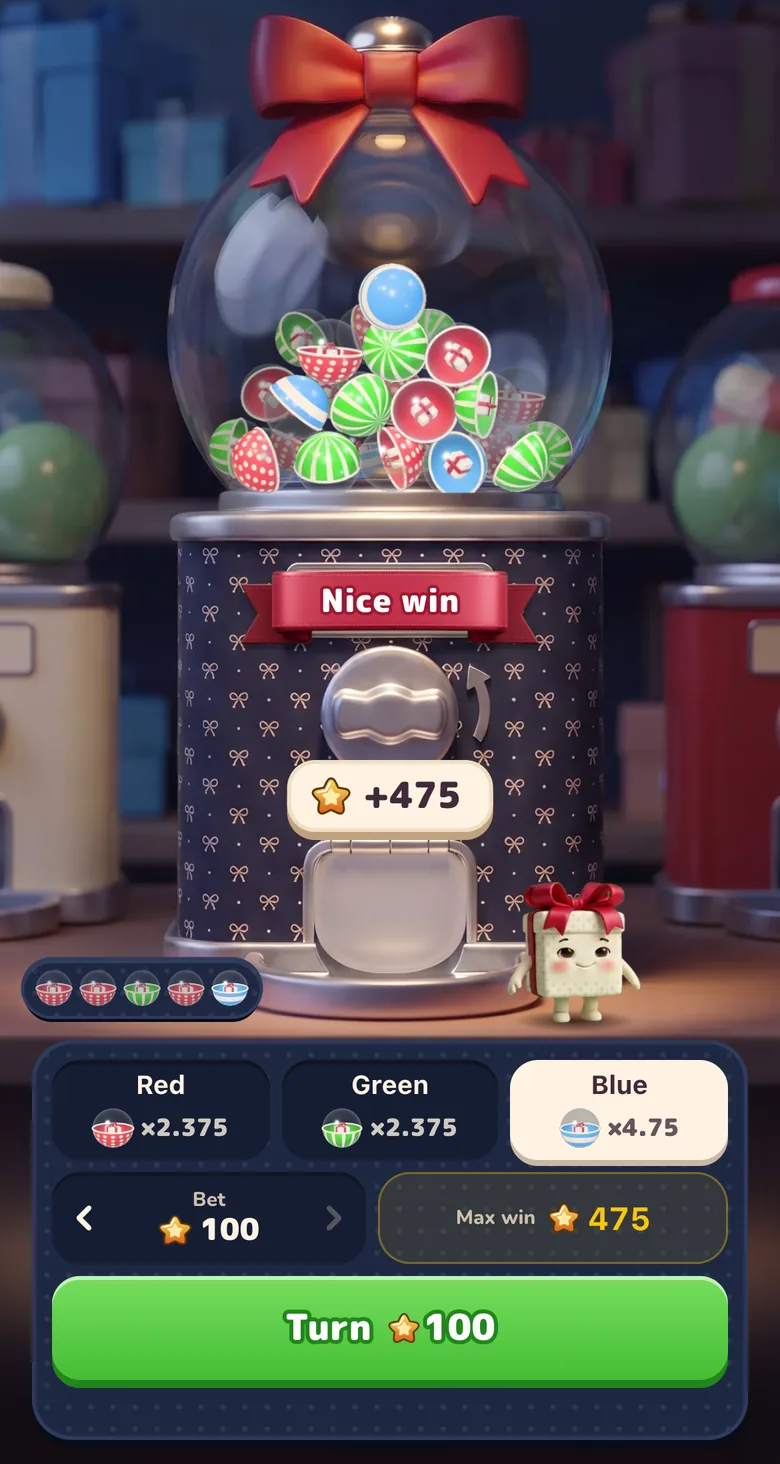Gift Club Color Prediction after a won blue call: the Nice win ribbon across the machine, the pay tag with the Stars won, and blue picked at the top Stars stake