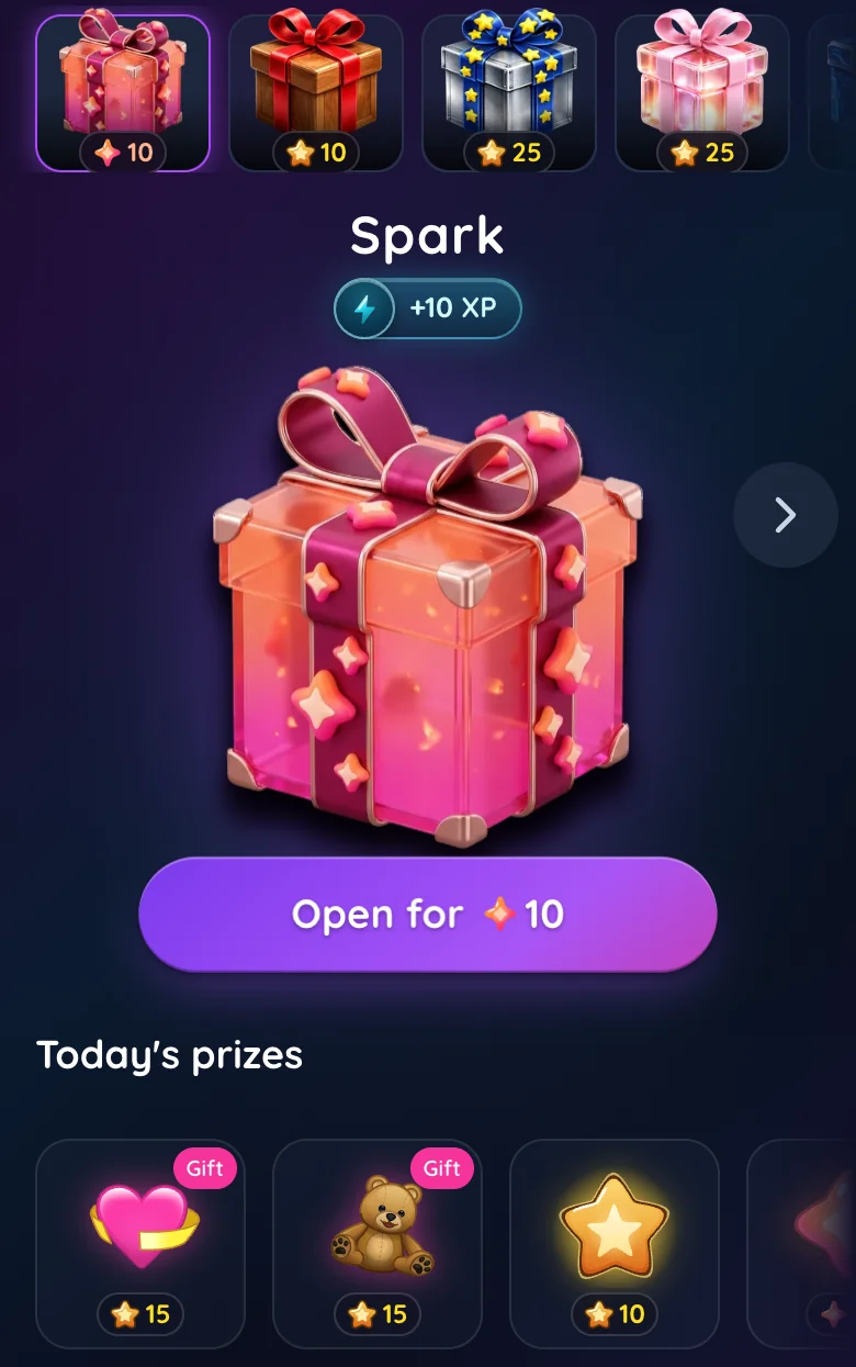The Spark box in Gift Club: opens for 10 Sparks, prizes include Telegram gifts, Stars, power cards and Sparks