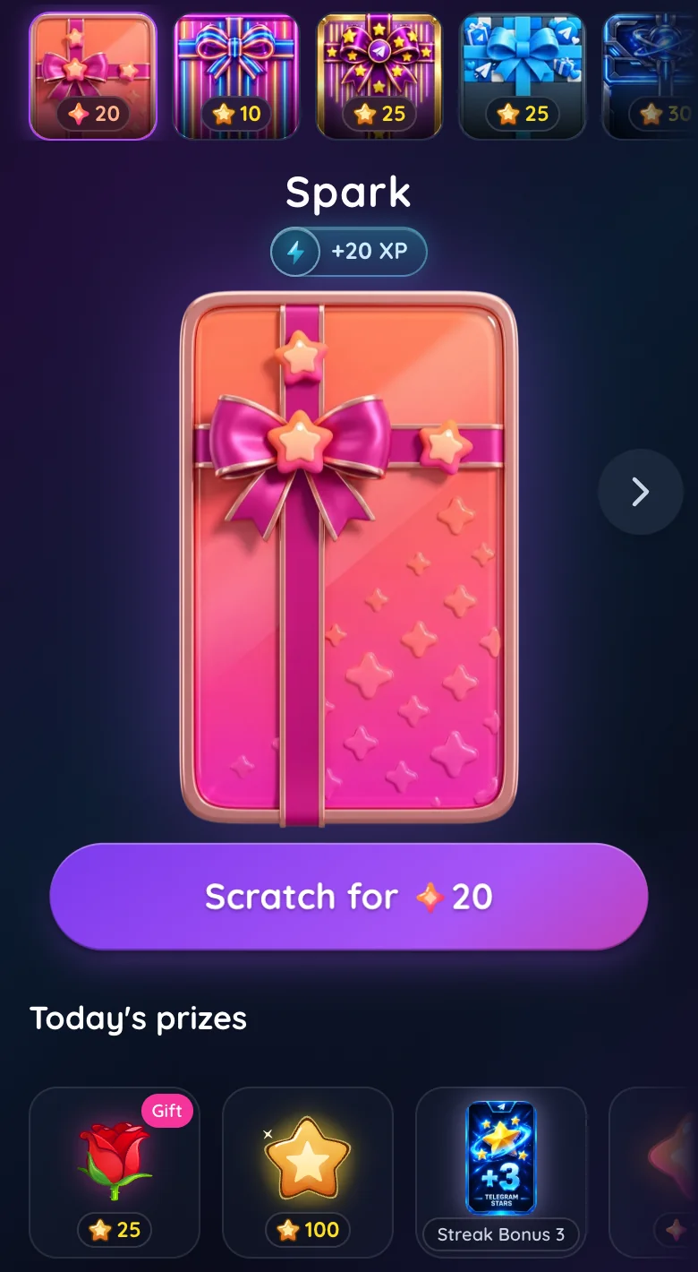 The Spark scratch card in Gift Club: plays for 20 Sparks, top prizes 100 Stars and a Red Rose gift