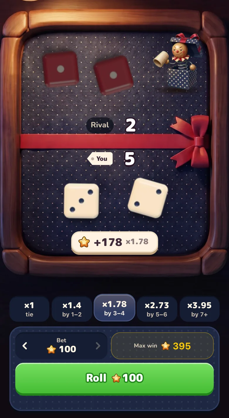Gift Club Dice Duel after a won roll: the rival's red dice and your white dice on the tray with both totals, the Stars won, the margin ladder from a tie to the top band with your band lit, a Stars bet and the Roll button