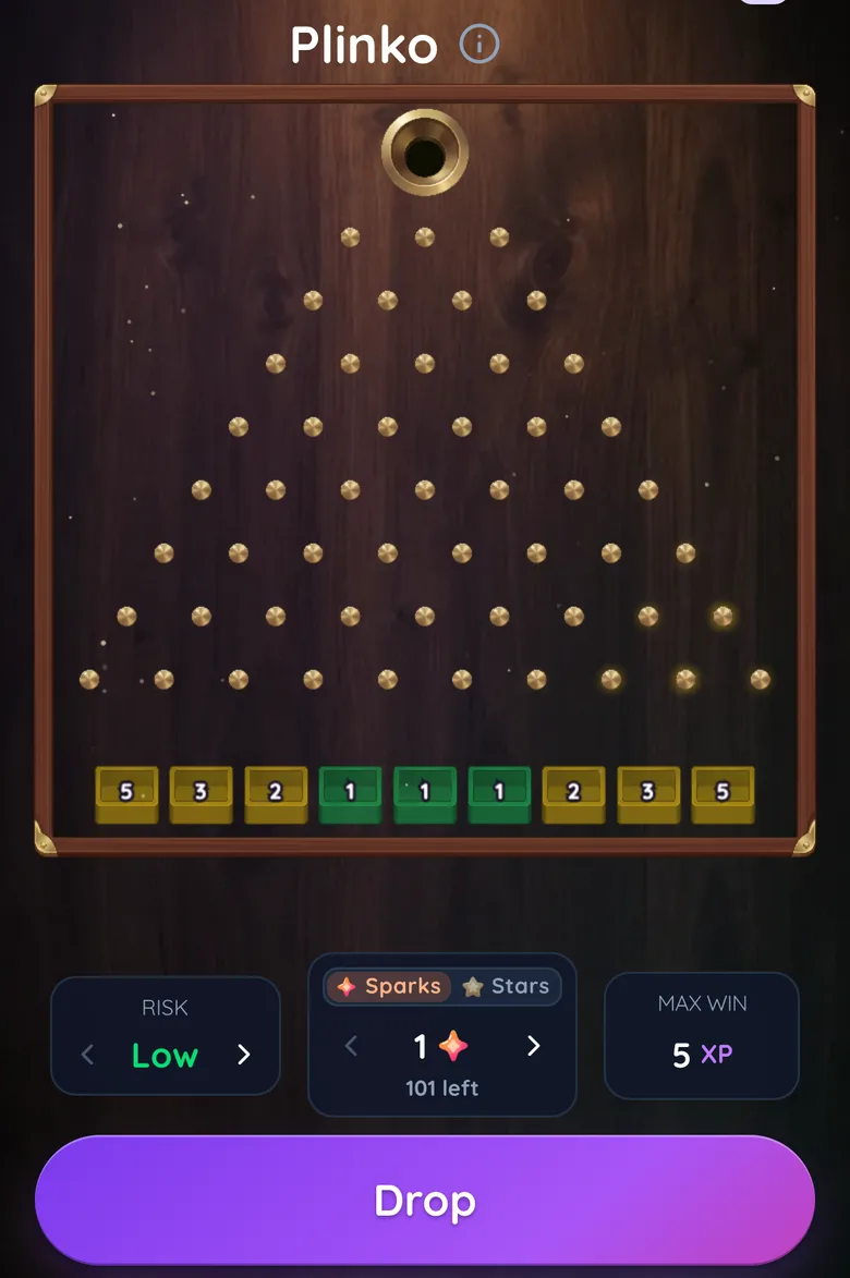 Plinko in Gift Club in modalità Spark (app in inglese): puntata di 1 Spark, vincita massima pagata in XP