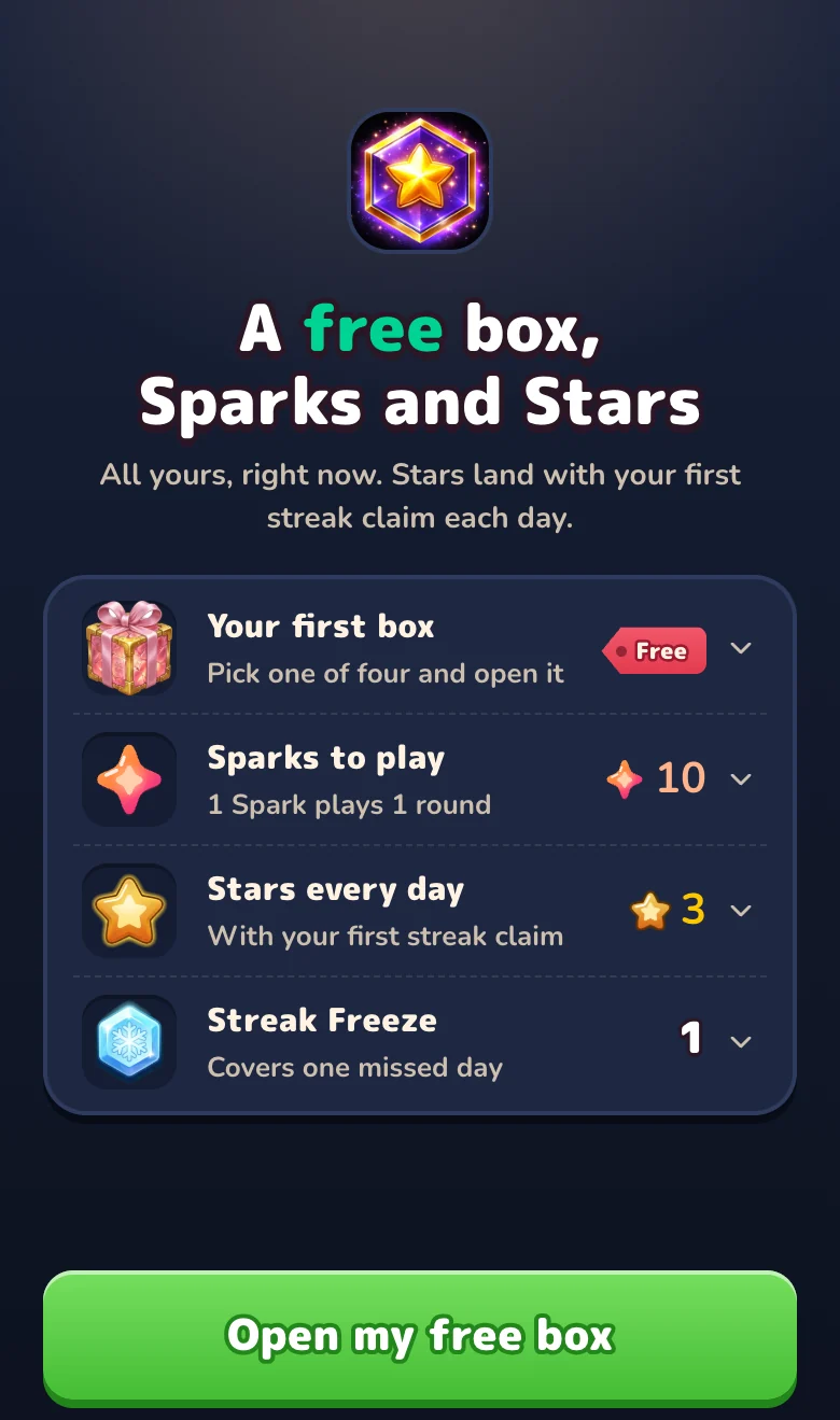 شاشة الترحيب في Gift Club (التطبيق بالإنجليزية): Your first box is free، مع 10 Sparks و3 Stars في اليوم من السلسلة اليومية وStreak Freeze واحد