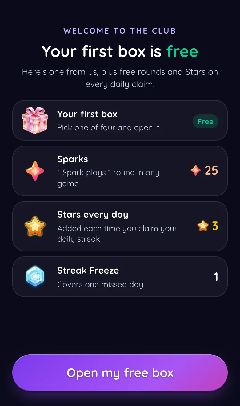 La schermata di benvenuto di Gift Club (app in inglese): il primo box è gratis, più 25 Sparks, 3 Stars al giorno dallo streak e 1 Streak Freeze
