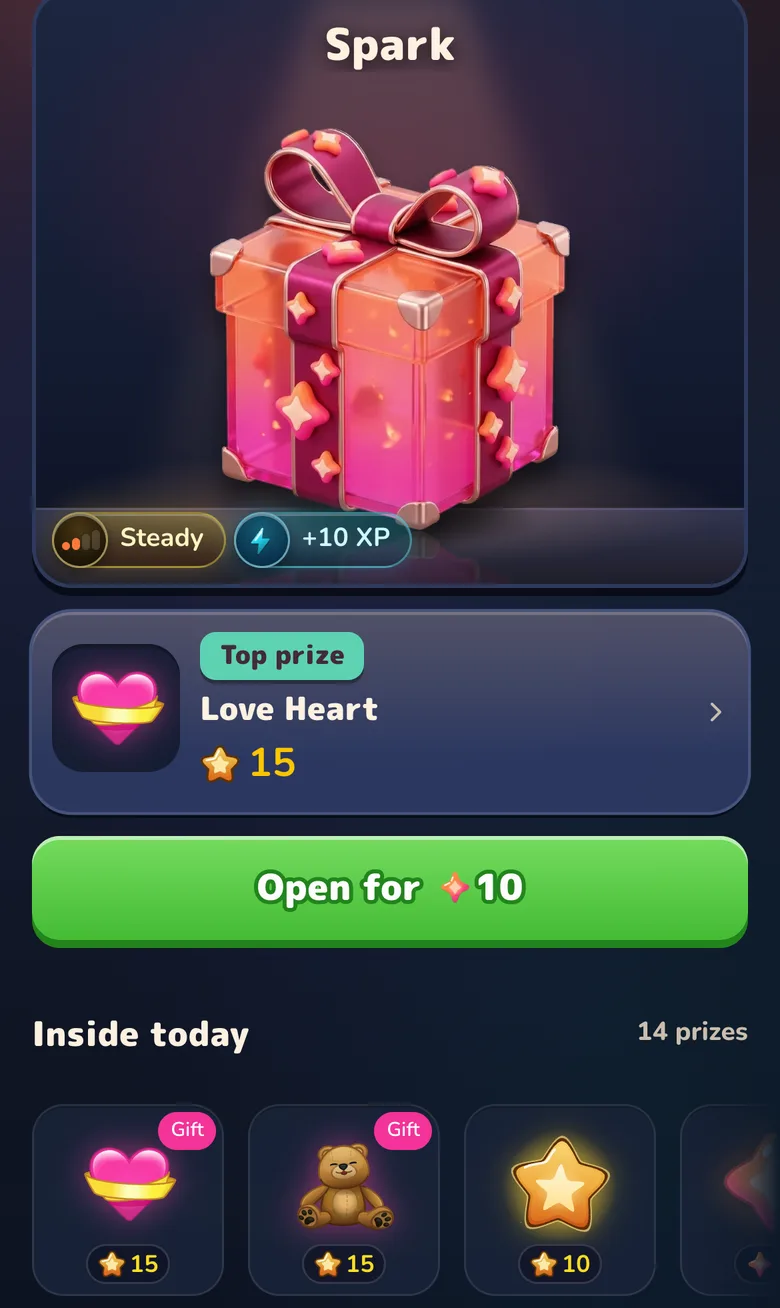 The Spark box in Gift Club: opens for 10 Sparks, prizes include Telegram gifts, Stars, power cards and Sparks