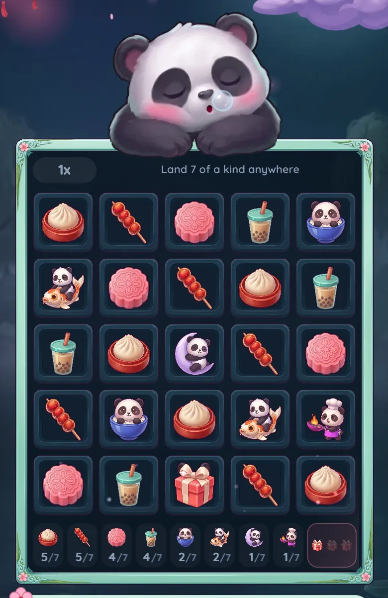 Midnight Panda in Gift Club: the sleeping panda above the 5×5 board of dumplings, skewers, mooncakes and bubble tea