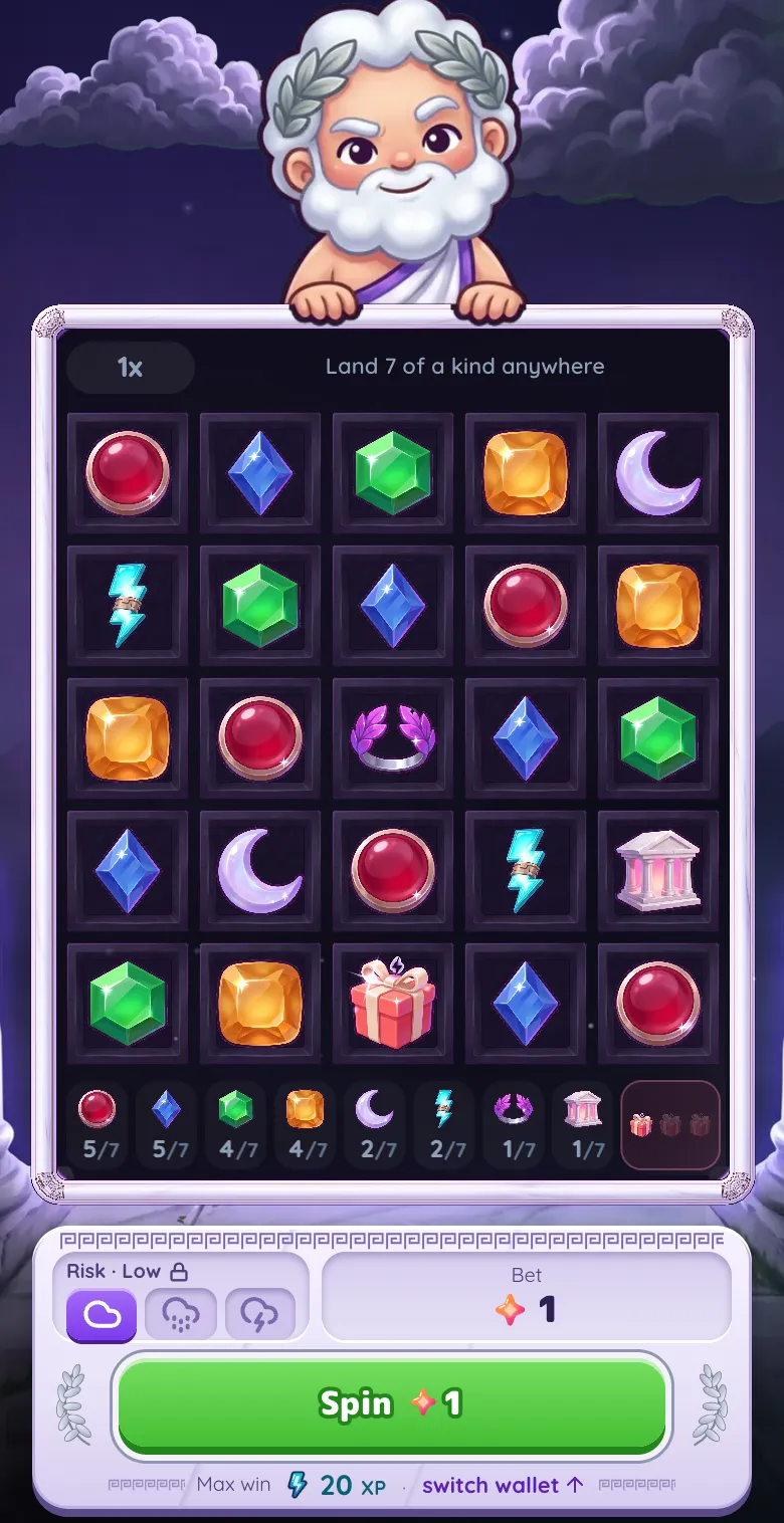 Gifts of Zeus in Gift Club set for a Spark round: the 5×5 board, risk locked to Low, a bet of 1 Spark, Spin for 1 Spark and a max win of 20 XP