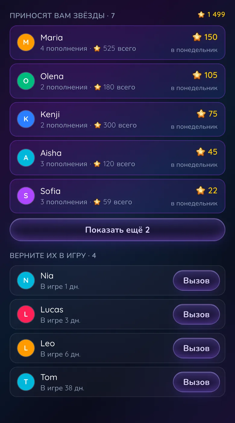Вкладка выплат в Gift Club со списком приглашённых друзей и заработком с каждого