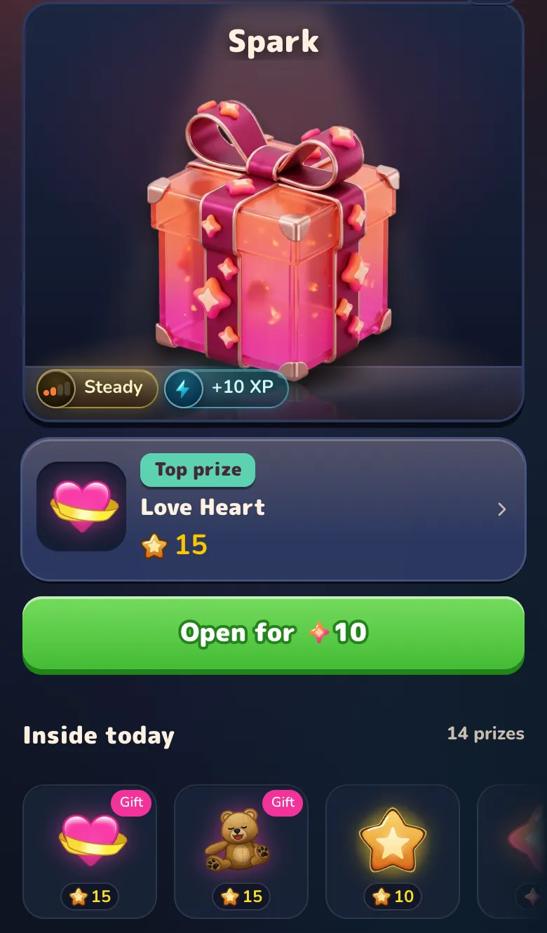 The Spark box in Gift Club: Open for 10 Sparks, the top prize Love Heart, and the Inside today row with its prize list