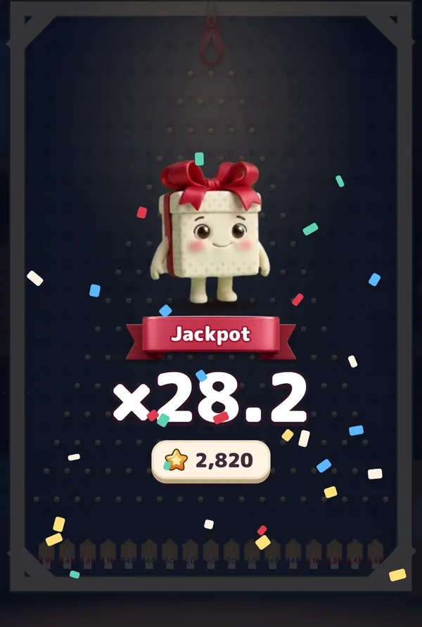 Gift Club's Plinko win card: the gift-box host above a Jackpot ribbon, ×28.2 and 2,820 Stars on a 100-Star ball, with paper confetti.