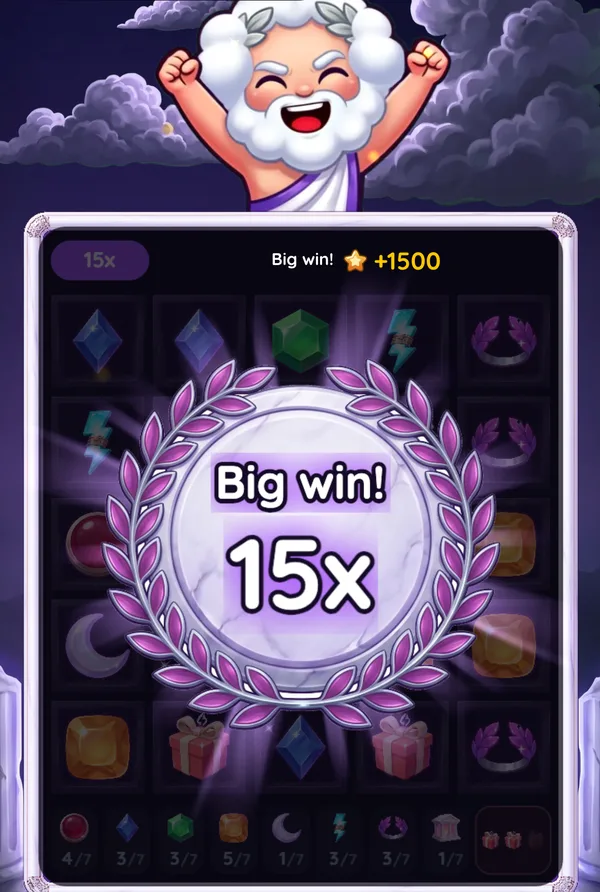 Gifts of Zeus after a winning spin: Zeus cheering above the board and a Big win! medallion at 15x, 1,500 Stars on a 100-Star spin.