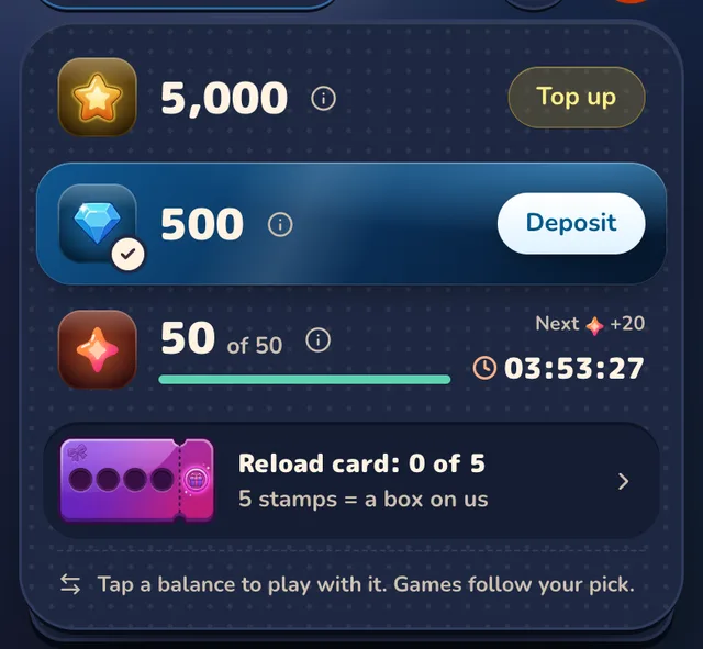 The balance menu in Gift Club: a Stars balance with a Top up button, a ticked Gram balance with a Deposit button, a Sparks balance with a countdown, the Reload card, and the note Tap a balance to play with it. Games follow your pick.