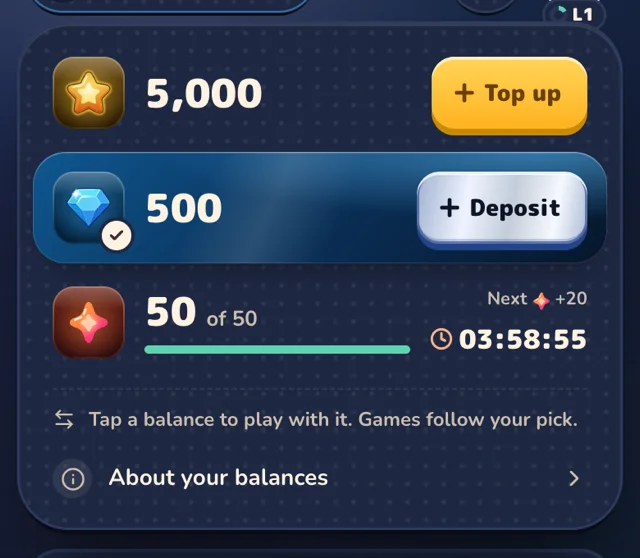 Gift Club'daki bakiye menüsü, İngilizce arayüzle: Top up düğmeli bir Stars bakiyesi, Deposit düğmeli işaretli bir Gram bakiyesi, geri sayımlı bir Sparks bakiyesi, Tap a balance to play with it. Games follow your pick notu ve About your balances satırı.