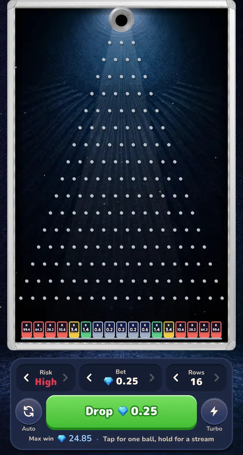 Plinko in Gift Club on the Gram wallet: a 16-row board at High risk with its multiplier tags, the Gram stake picker and the Max win line before the drop