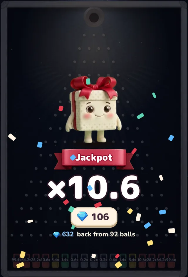Plinko in Gram mode, 16 rows on High risk: the board dimmed behind a Jackpot ribbon, ×10.6 and 106 GRAM, and the line 632 back from 92 balls