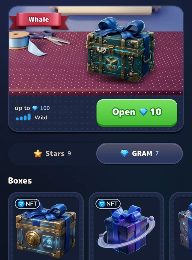 La scheda Collect su GRAM, nell'app in inglese: la box Whale sul tavolo da taglio, fino a 100 GRAM, un pulsante Open 10, e sotto le box Vault e Orbit con i badge NFT