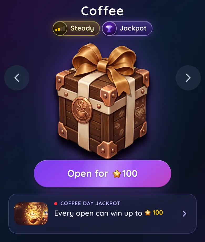 The Coffee box in the Gift Club box store: the box, an Open for 100 button, and a Coffee Day jackpot strip under it