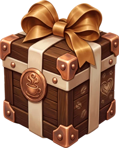 The Coffee box closed: a dark brown wooden box with cream bands, copper corners, a caramel bow and a coffee-cup seal