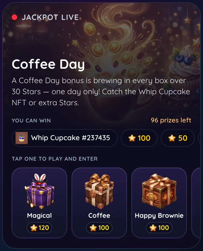 The Coffee Day jackpot on the Gift Club home screen: coffee art, the Whip Cupcake and Stars prizes, and a row of boxes that enter it
