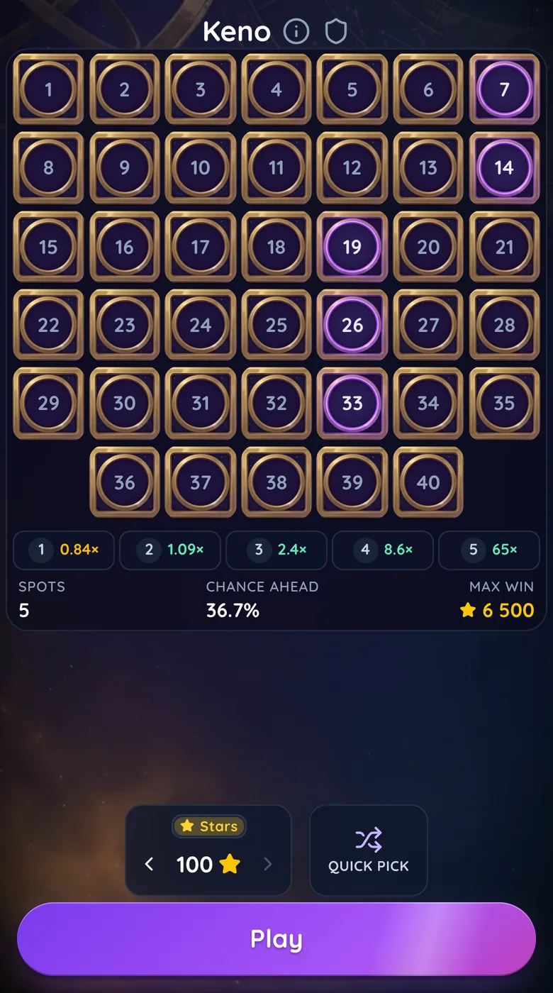 Gift Club keno screen: a 40-tile board with five tiles marked, the five-spot paytable from 0.84x to 65x, the Stars bet selector, Quick Pick and the Play button