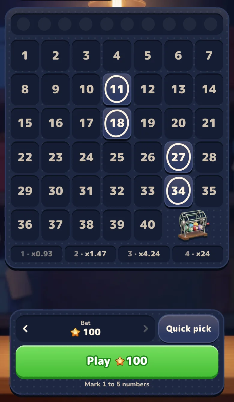 Gift Club Keno: a board with a few tiles marked, the paytable for that many spots, the Stars stake, Quick pick and the Play button