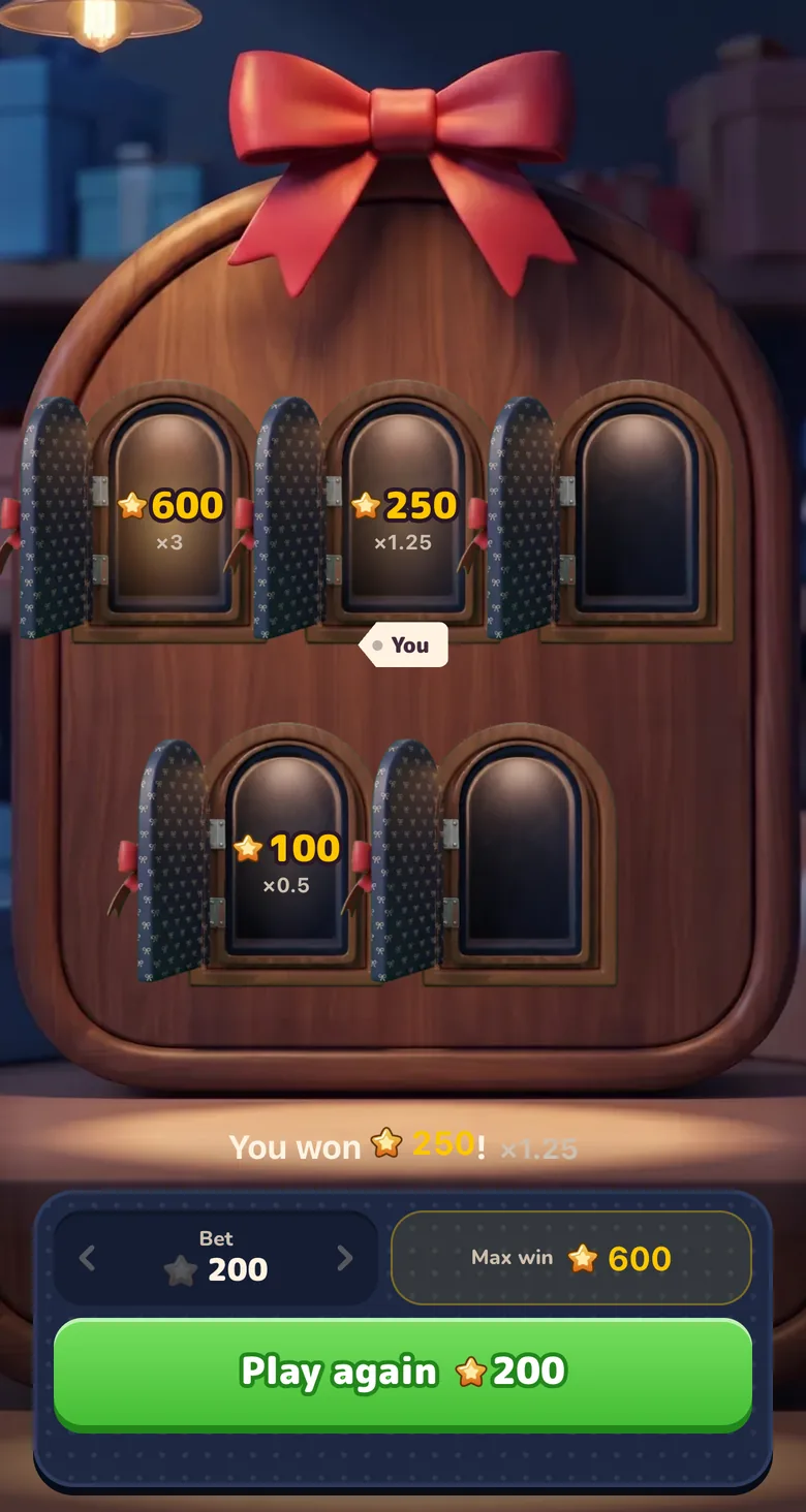 Gift Club Magic Door after a paid round: the gift cabinet with every door open, yours paying one and a quarter times the stake, the best door tripling it, one door handing back half and two dark doors, with the win line, a Stars bet and Play again
