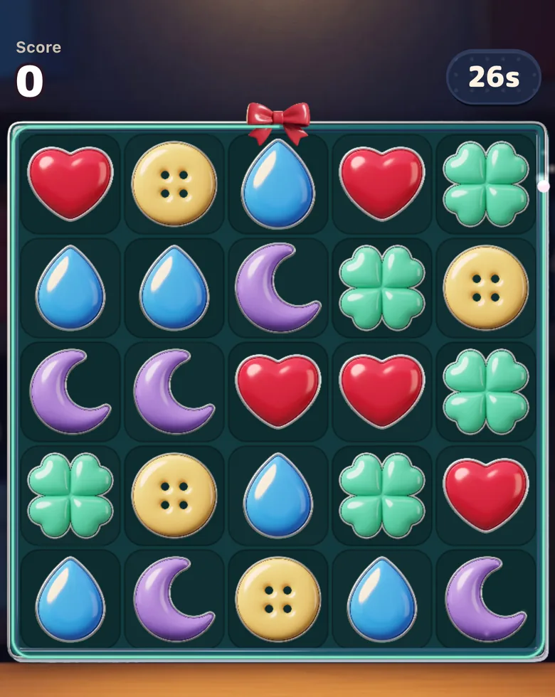 Gift Club Match-3 at the start of a run: the smallest board of heart, button, drop, moon and clover gems, the score at zero and the clock counting down