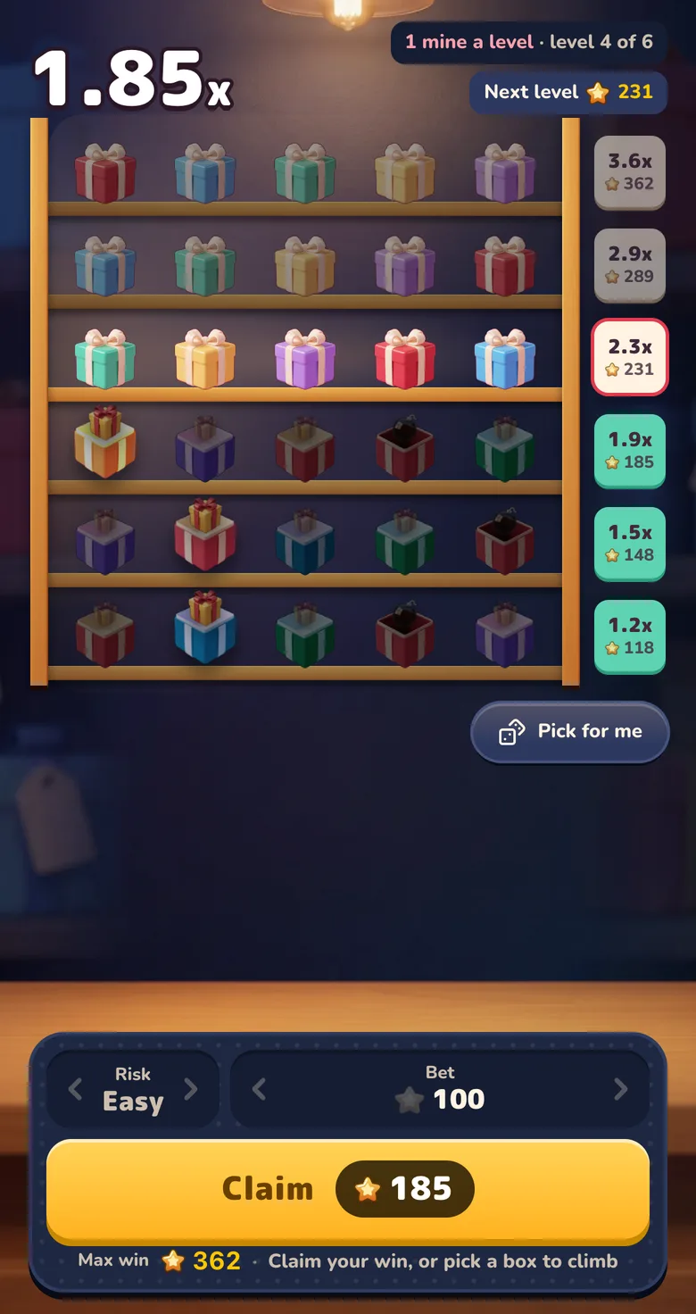 Gift Club Mines Tower mid-climb on Easy: three floors of boxes cleared, the multiplier ladder beside the tower, the Claim button and the Stars stake