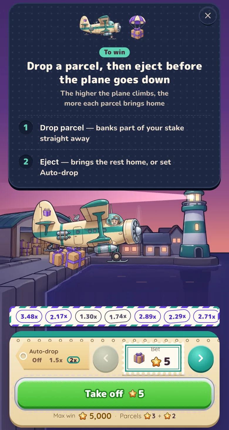 Gift Club Moon Post before take-off: the rules card for Drop parcel and Eject, the courier plane in the harbour with two parcels, Auto-drop at 2.00×, a 5-Star bet and the Take off button