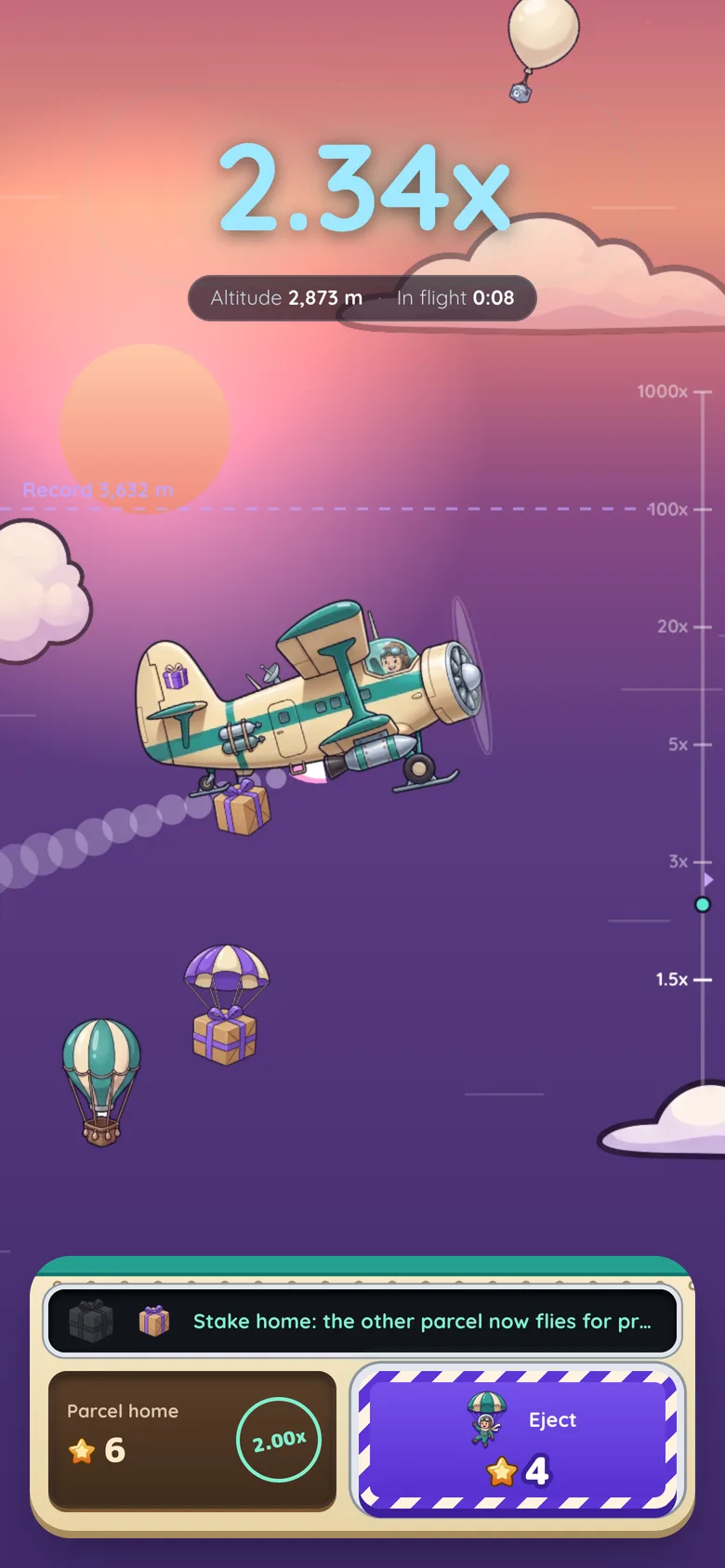 Moon Post mid-flight after the auto-drop at 2×: the first parcel coming down under a parachute, the plane climbing through the sunset clouds, Parcel home at 6 Stars and the Eject button