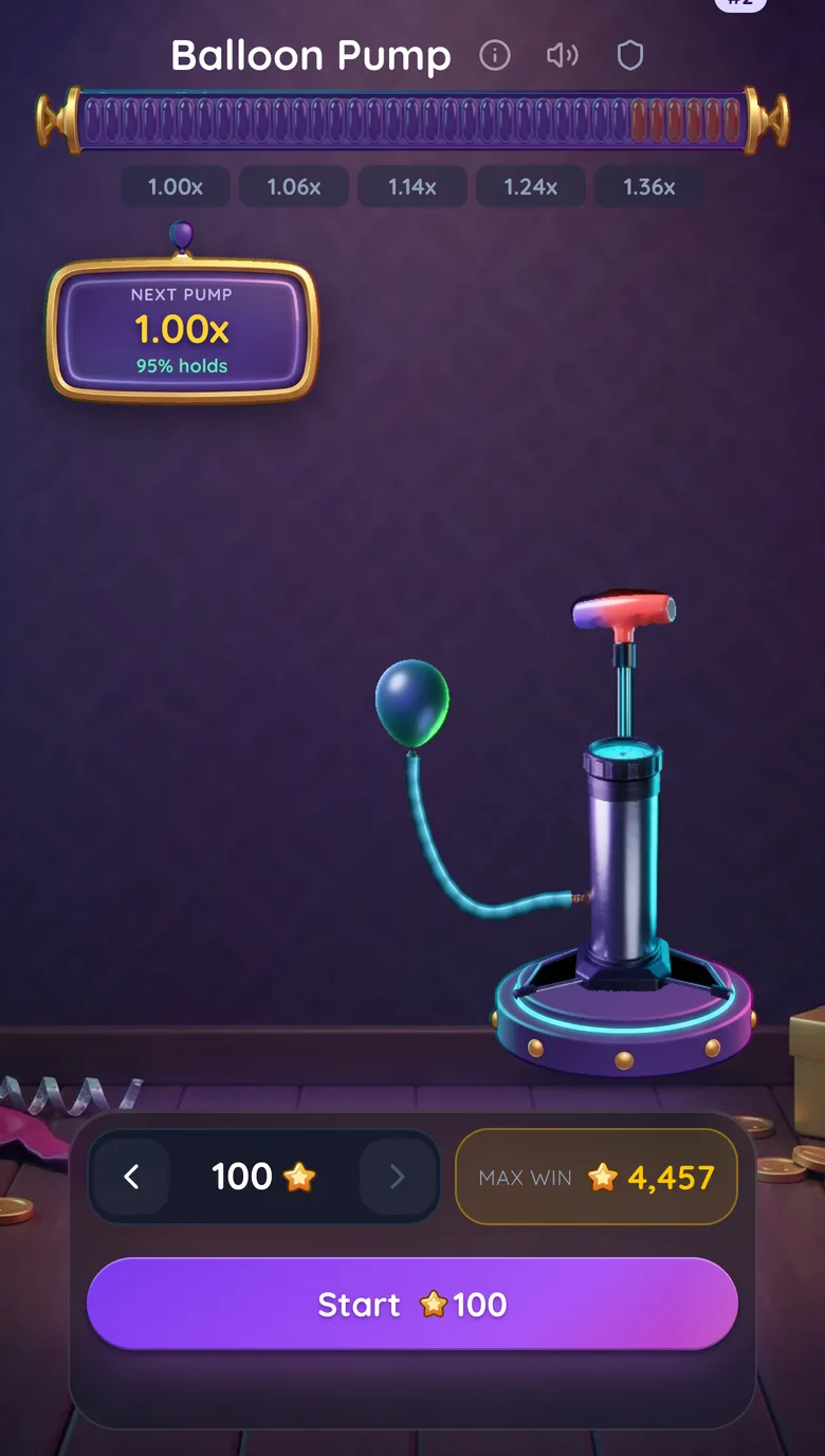 Balloon Pump game interface showing balloon, pump options, rung counter, and cash-out button
