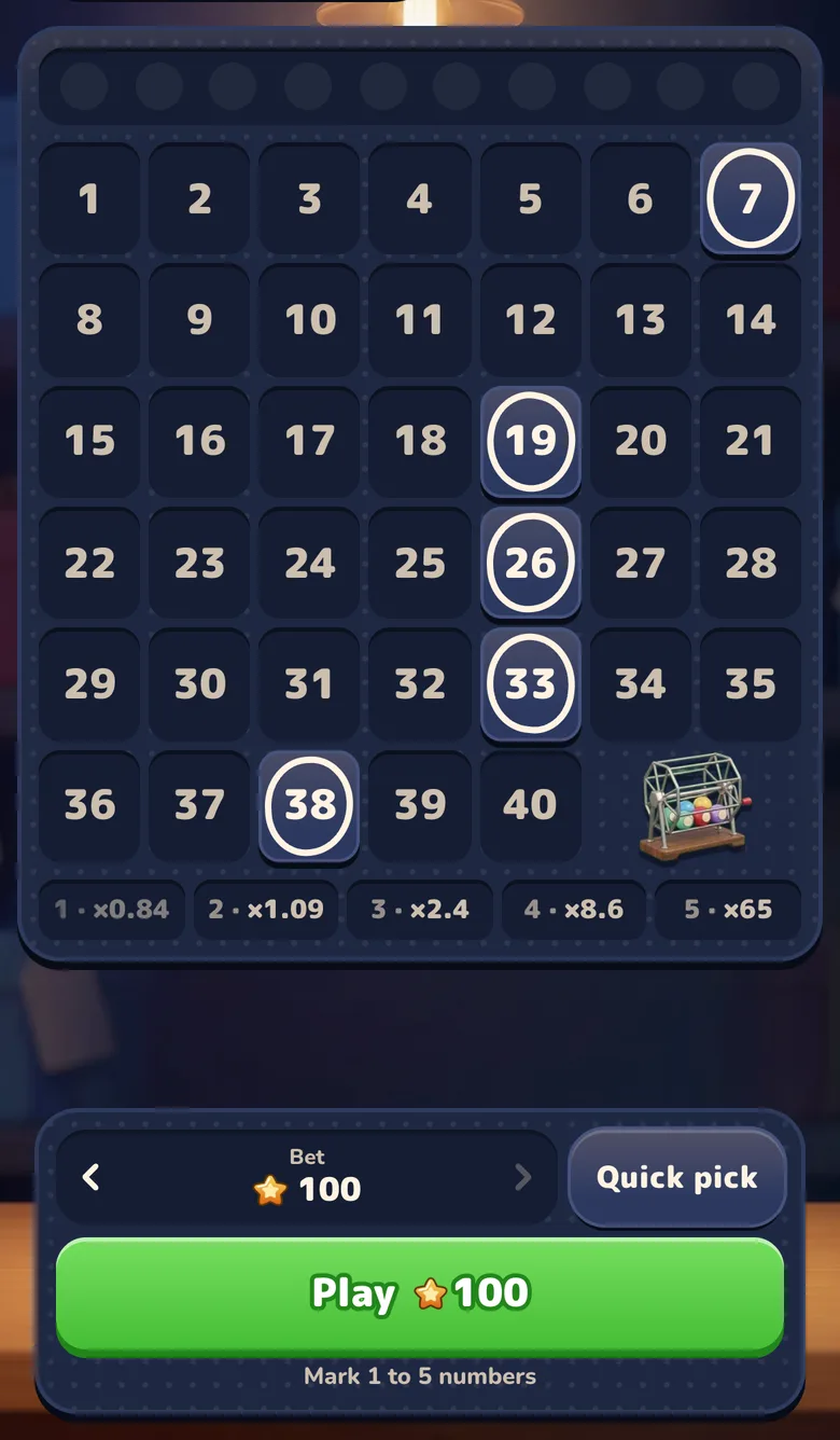 Keno game screen with a 40-tile board, five tiles marked and the five-spot paytable from 0.84x to 65x