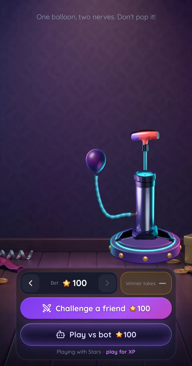 PvP Balloon Pump lobby showing one balloon on its pump, the Stars stake and the Challenge a friend and Play vs bot buttons