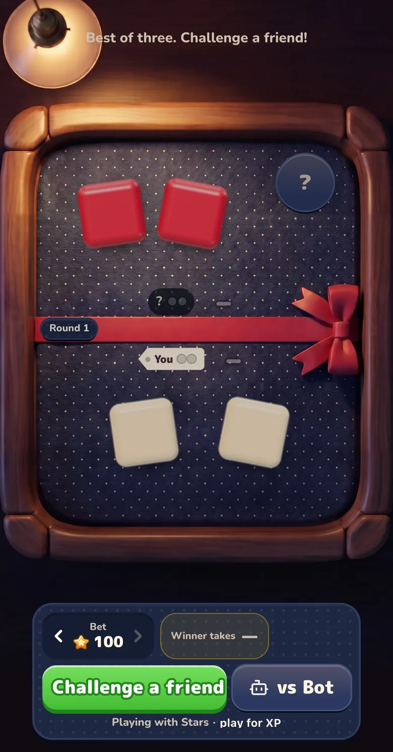 PvP Dice Duel lobby showing two sets of dice, the round counter, the Stars stake and the Challenge a friend and vs Bot buttons