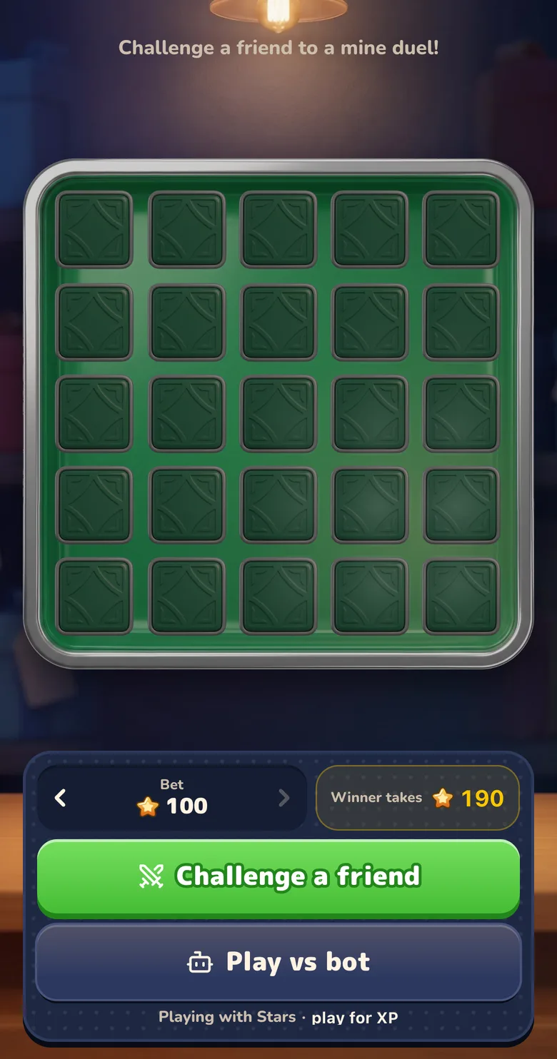 PvP Minefield lobby showing the shared 25-tile board, the Stars stake with the winner's prize and the Challenge a friend and Play vs bot buttons