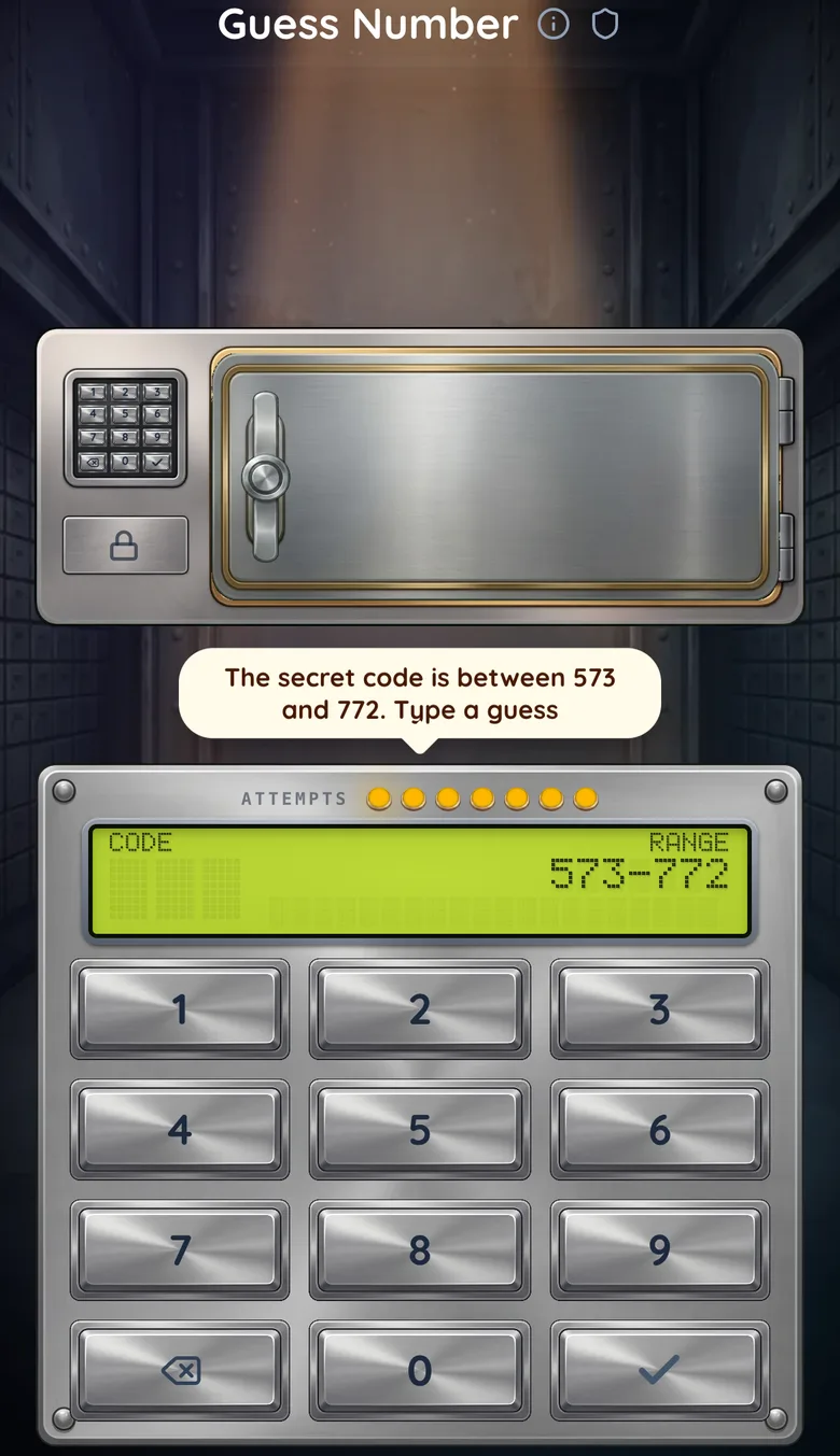Guess the Number game interface with vault, LED range display, coach bubble, attempt tokens, and numeric keypad