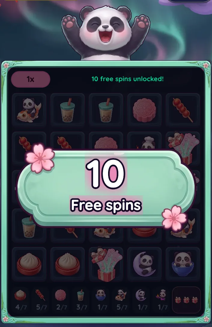 The free-spins opening in Midnight Panda: a jade banner reading 10 Free spins over the board, the panda cheering