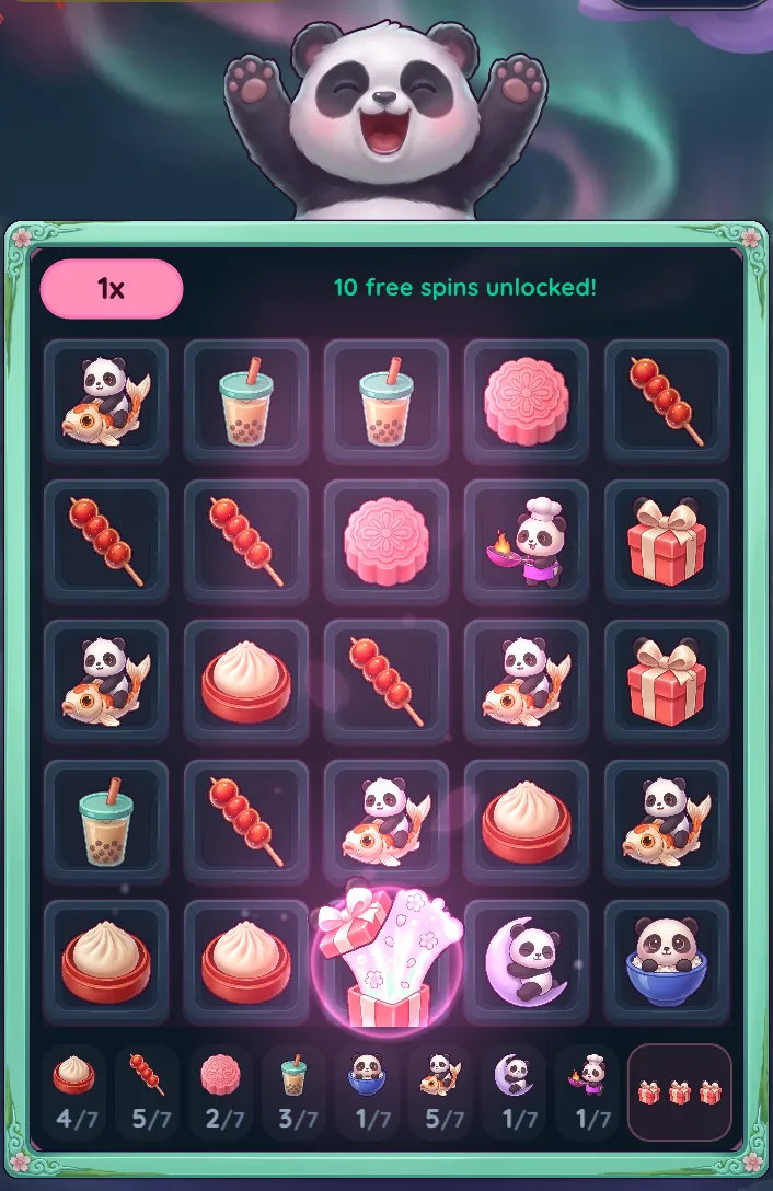 Midnight Panda board with three Gift scatters: one bursting open, the panda mascot cheering and the line 10 free spins unlocked