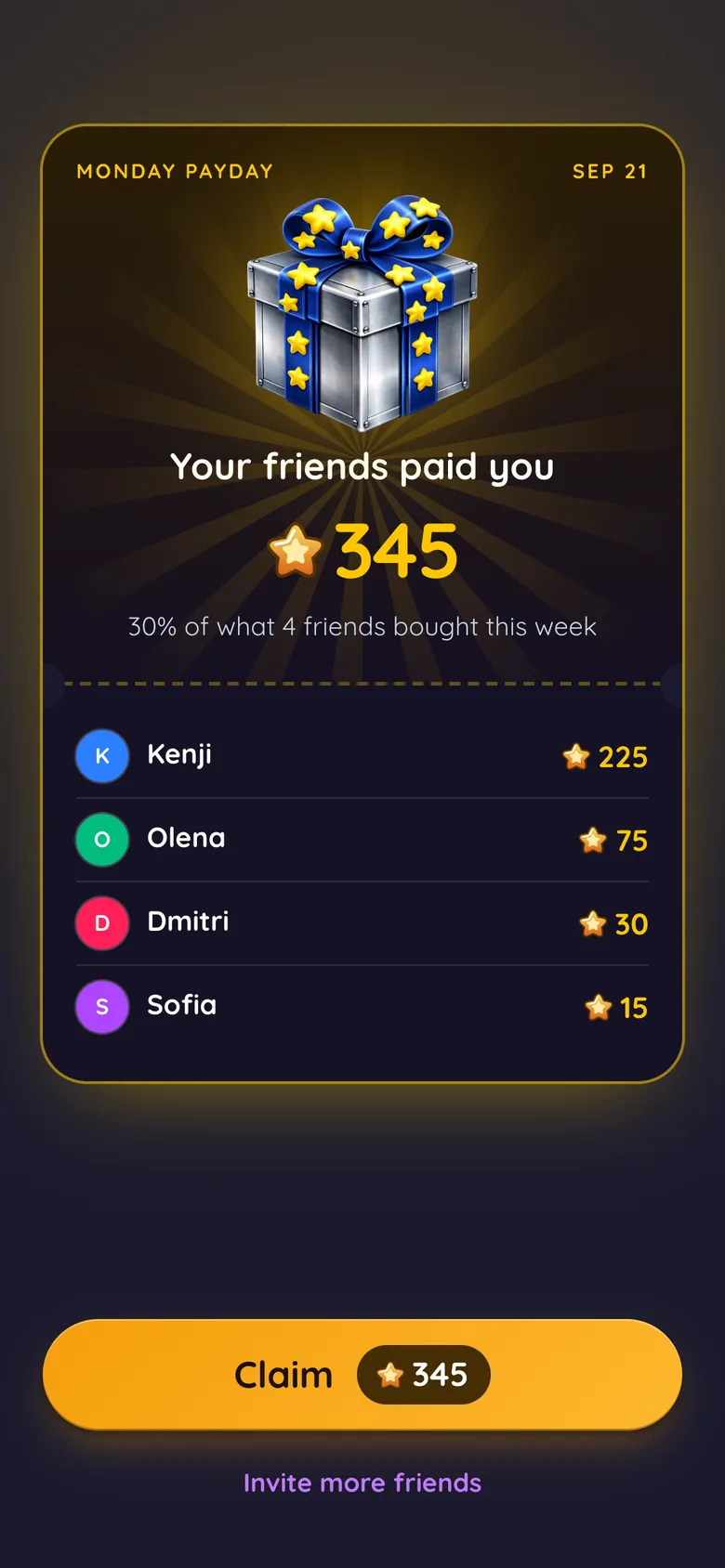 The payday screen in Gift Club showing the Stars friends earned you this week