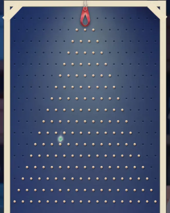 Plinko board with sixteen rows of pegs and a ball halfway down