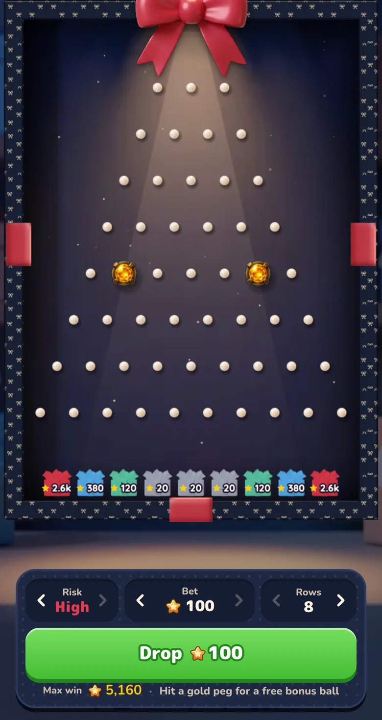 Gift Club Plinko Gold screen on High risk: slot payouts along the bottom, a top-tier Stars stake, the max win and the Drop button