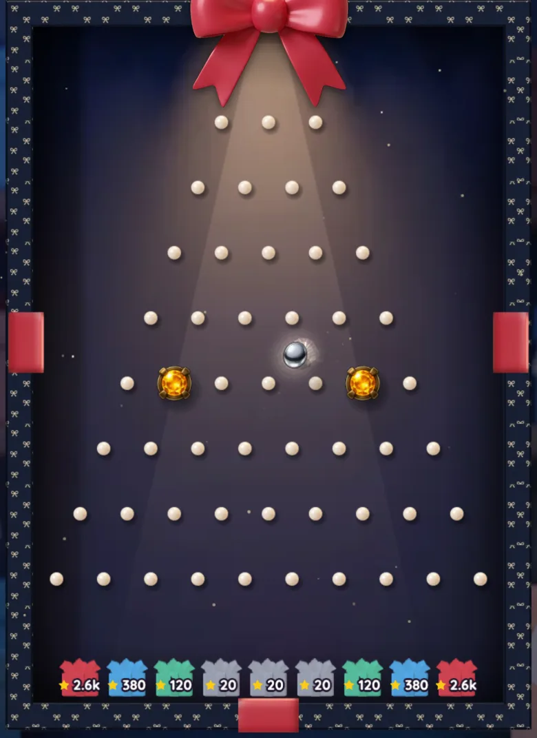 A ball dropping through the Plinko Gold board, with the two orange bonus pegs at the outer ends of the middle row and the slot payouts along the bottom