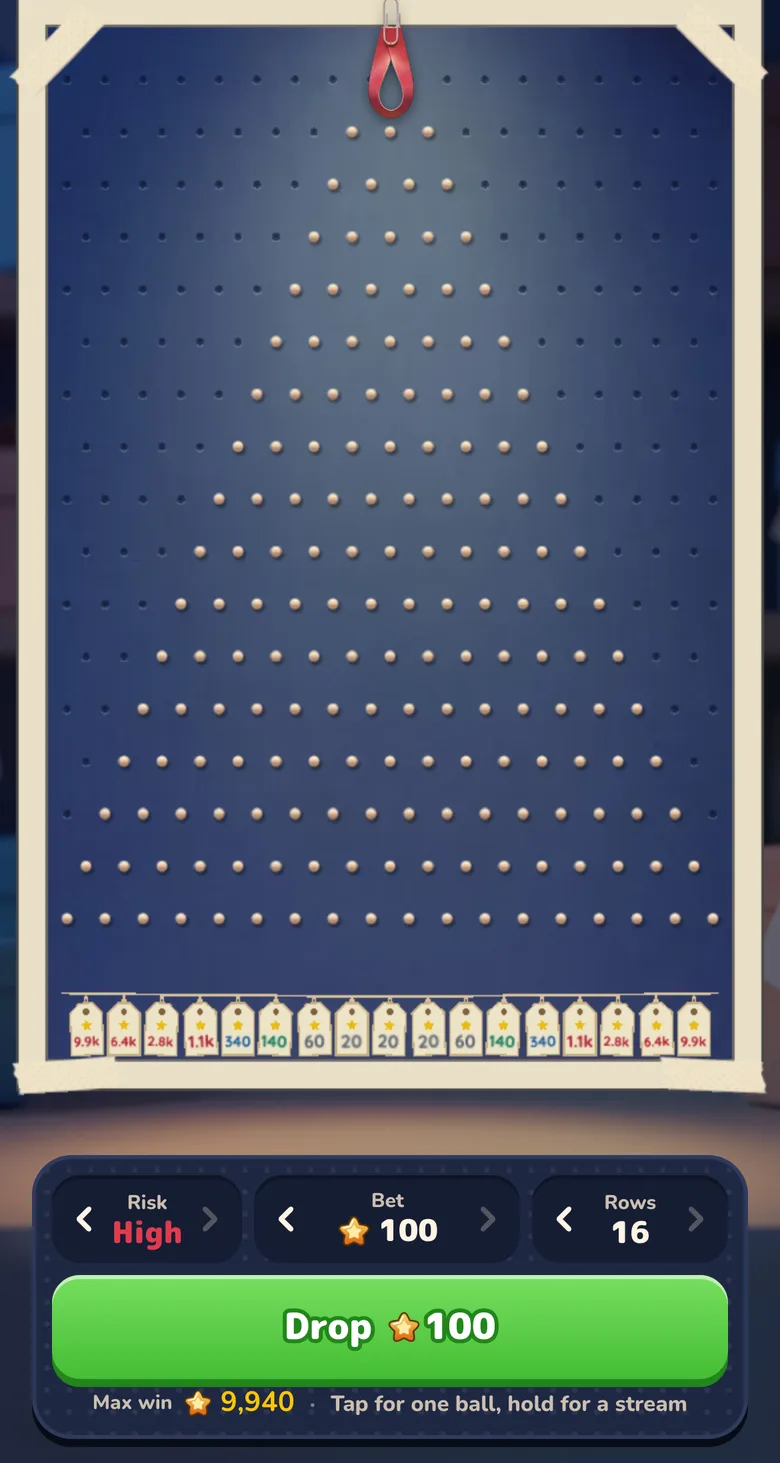 Gift Club Plinko screen: the largest peg board on High risk, slot payouts from the centre out to the edges, a top-tier Stars stake, the max win and the Drop button