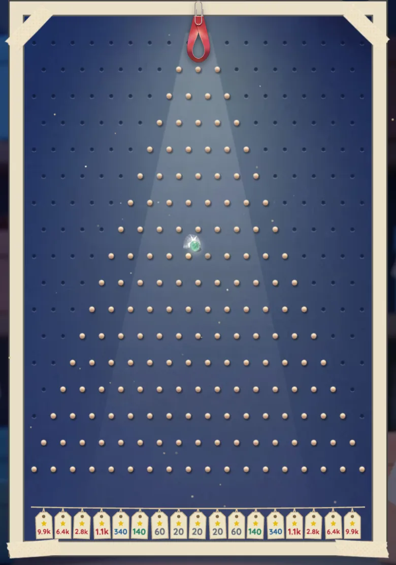A Plinko ball bouncing through the upper rows of the largest peg board, with the slot payouts along the bottom