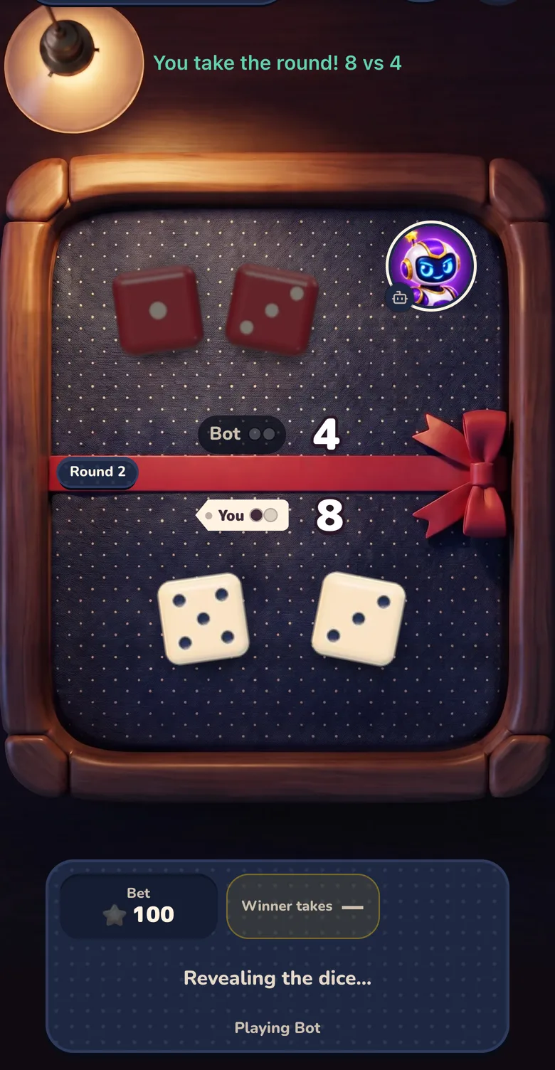 Gift Club PvP Dice Duel against the bot: two dice each on the table, the round score under each player, the winner of the round named above and the Stars stake below