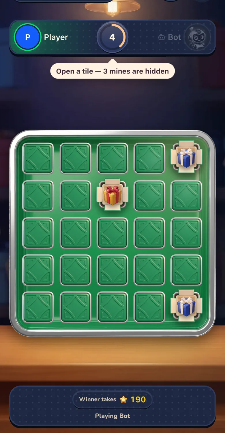 Gift Club PvP Minefield against the bot: the player bar with the turn timer, a shared board with several tiles opened, and the pot the winner takes