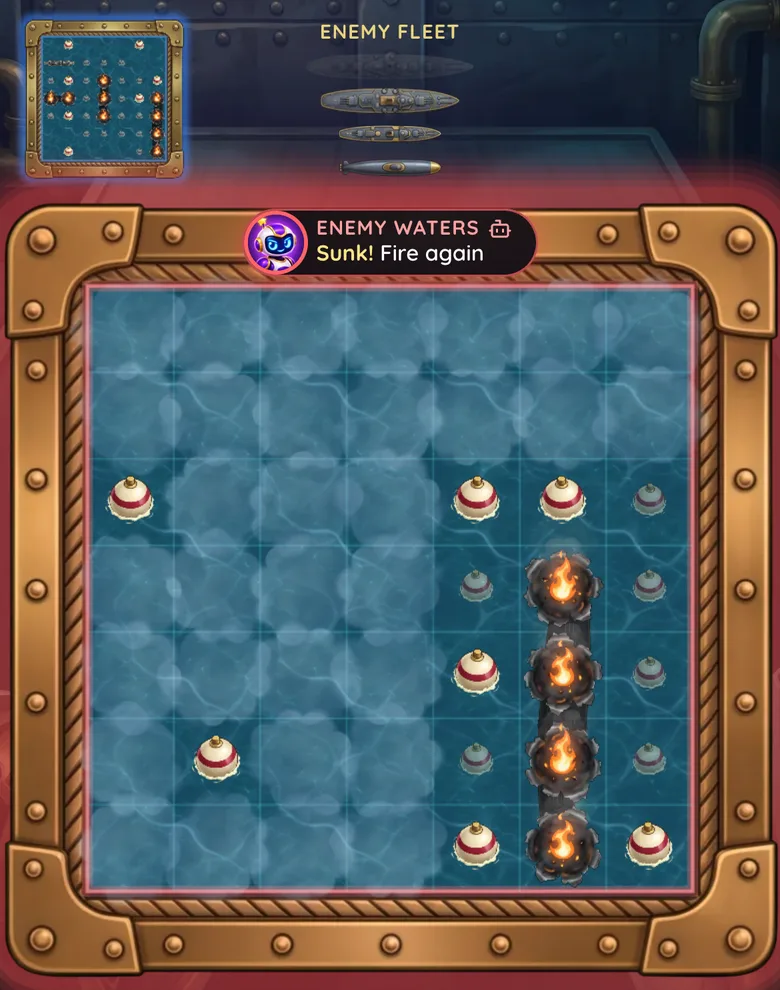A Sea Battle battle: the enemy board inside a brass frame, a sunk four-cell ship in flames and the water around it revealed