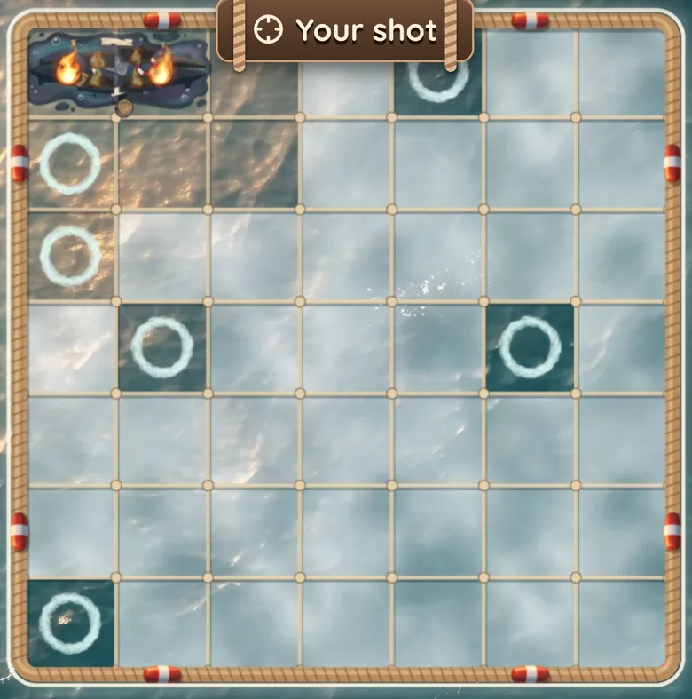 Sea Battle en Gift Club: el tablero rival con un submarino hundido en la esquina y los tiros fallados marcados, con el letrero Your shot arriba.