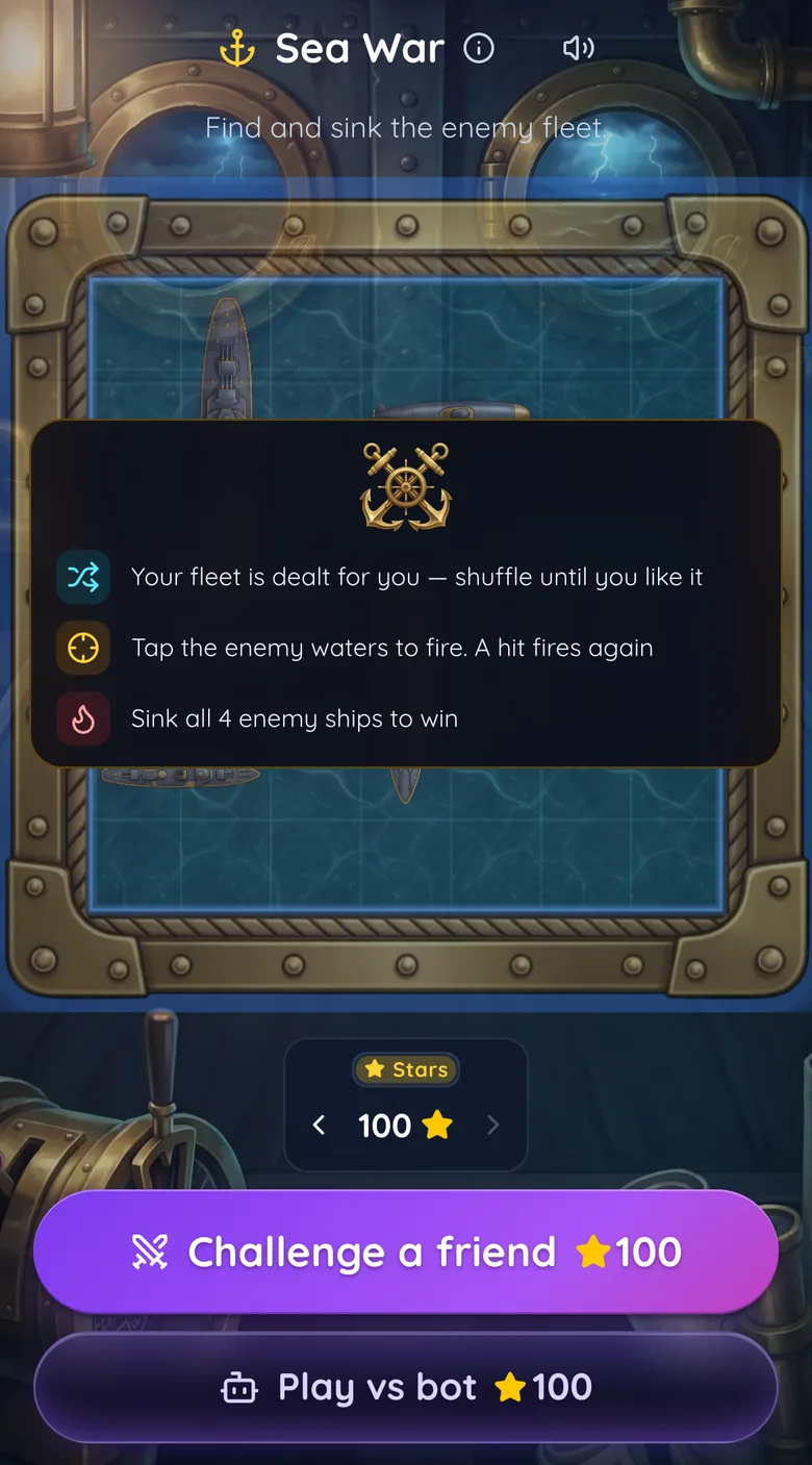 Gift Club Sea Battle lobby: the dealt fleet dimmed under a rules card, the top Stars stake selected, and the Challenge a friend and Play vs bot buttons